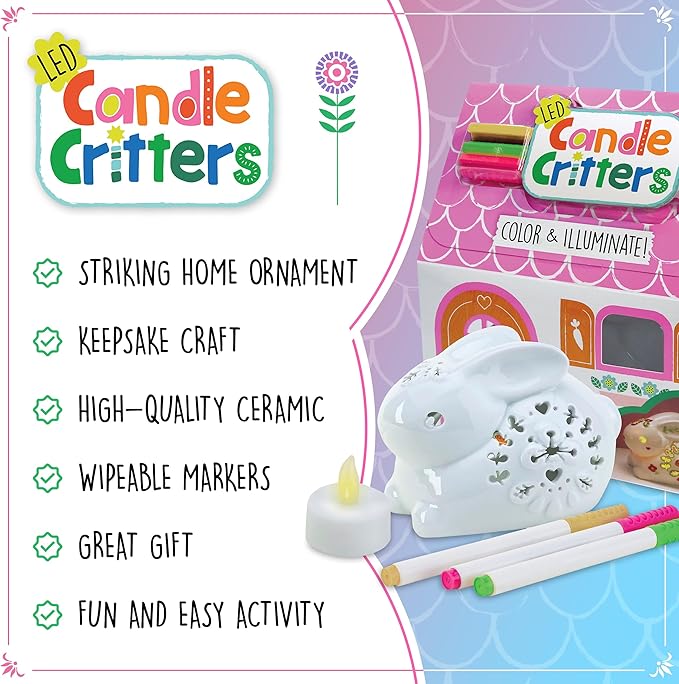 Bright Stripes LED Candle Critters|Color Your Own Ceramic Bunny|Age 6+|DIY Creative Kids Set|Includes 3 Ceramic Markers,LED Candle Light,House Shaped Box & Instruction|Perfect for Kids Birthday Gift