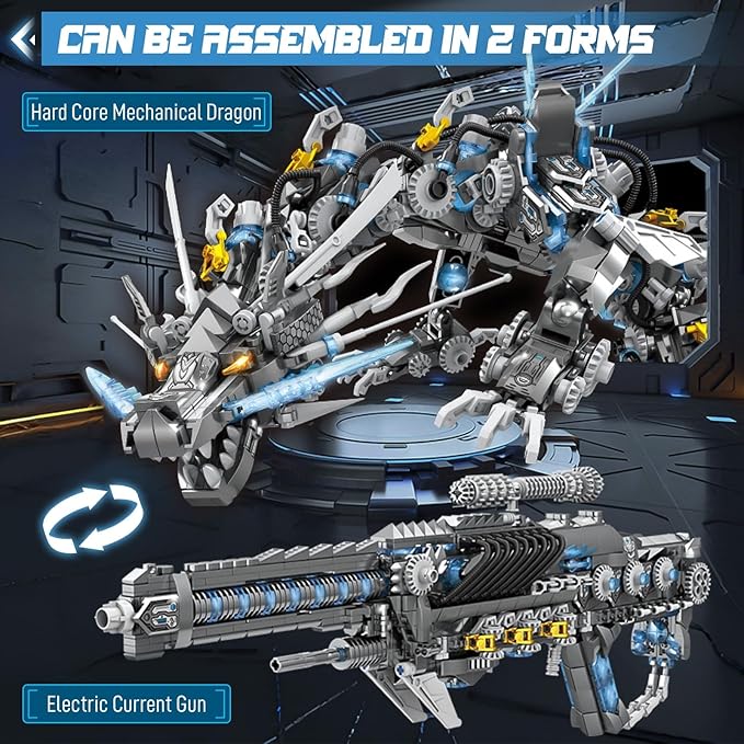 HIGH GODO Dragon Building Blocks Sets for Adults, 2 in 1 Grey Mechanical Dragon Animal Building Model Collectible Display Toys, Cool Creative Gifts for Boys Teens Fans (1390 Pcs)