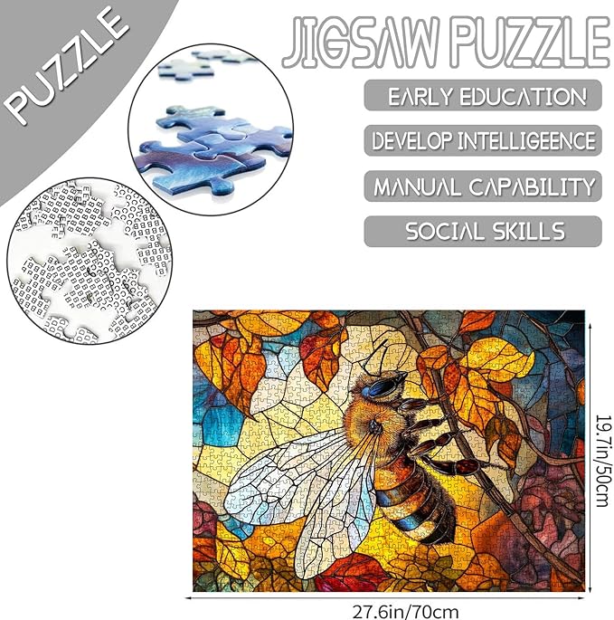 Tucocoo Jigsaw Puzzles 1000 Pieces for Adults-Lovely Bee Glass Style Hardboard Puzzle-Challenging Puzzle Perfect for Game Nights-DIY Home Wall Decor-Art Puzzles Stained Glass Autumn Bee 27" x 20"