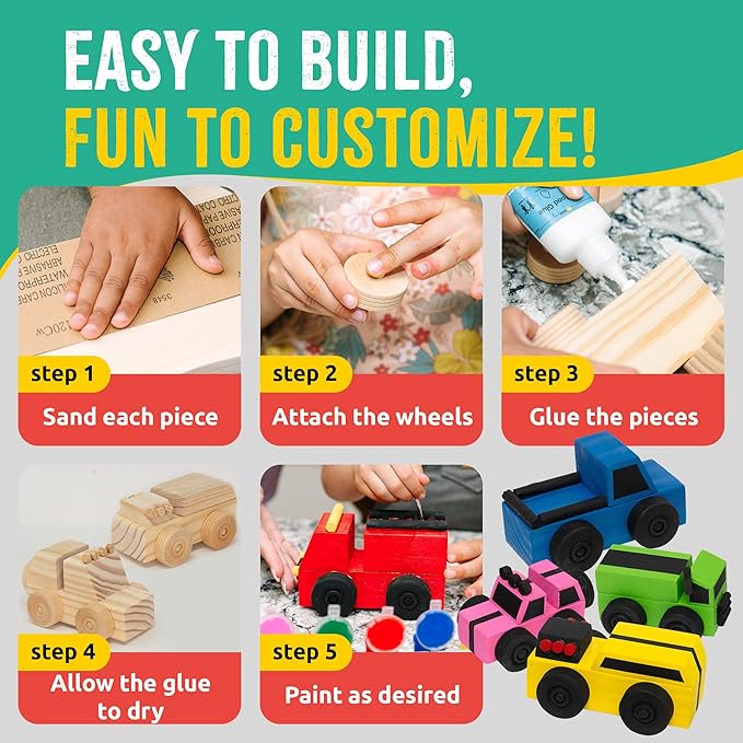 SparkJump DIY Wood Building Kits, STEM Woodworking Kit for Kids, Creative Fun Craft Projects, Great Gift for Boys & Girls (Wooden Cars, 1-Pack)