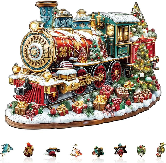 Jigfoxy Wooden Puzzles for Adults, Christmas Train Wood Puzzles Adult, Unique Animal Shape Wooden Jigsaw Puzzles for Adults, Birthday Gifts for Puzzle Lovers, Family, Friend (M-11.4 * 9.3in-175pcs)