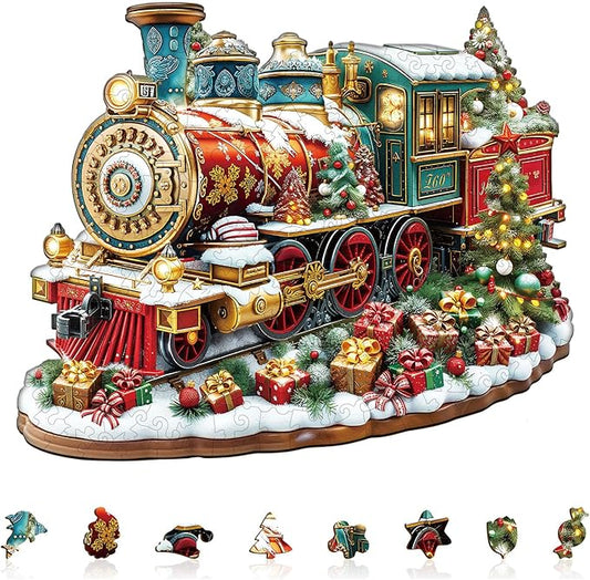 Jigfoxy Wooden Puzzles for Adults, Christmas Train Wood Puzzles Adult, Unique Animal Shape Wooden Jigsaw Puzzles for Adults, Birthday Gifts for Puzzle Lovers, Family, Friend (M-11.4 * 9.3in-175pcs)