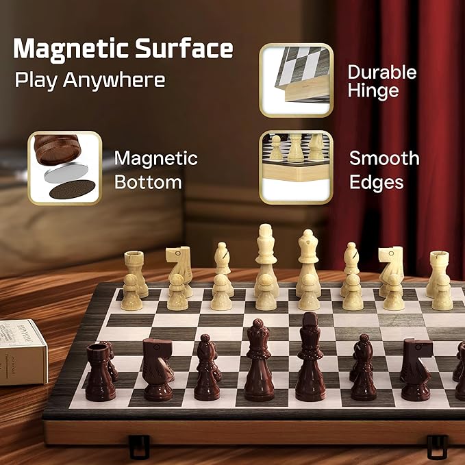 Wooden Magnetic Chess Set | 15 Inch Foldable Chess Board - 2 Extra Queens - Magnetic Chess Game with Storage | Chess Sets for Adults | Handmade Portable Travel Chess Set for Kids & Beginners