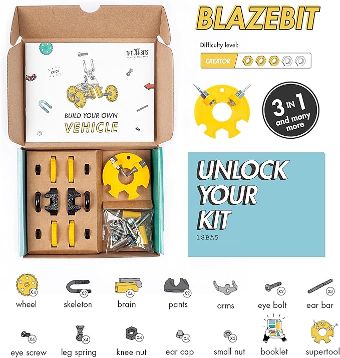 The Off Bits Building Toy - Yellow Vehicle Kit BlazeBit - Building & Construction Toy Tool Set for Kids Including Guide Book - Build-it-Yourself, Gift Ideas for Kids Boys & Girls