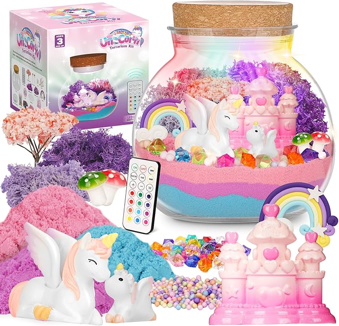 Light-Up Unicorn Terrarium Kit for Kids, DIY Arts & Crafts Gift for Girls Ages 4 5 6 7 8-12 Year Old, LED Night Light with Remote, Best Birthday Easter Unicorn Toys Gifts for Girls Kid