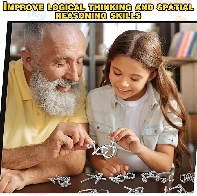 Yilloog Metal Wire Puzzle Set of 8 with Pouch, Brain Teaser Puzzles IQ Test Ring Disentanglement Unlock Interlock Game Trick Metal for Party Favor Challenge(A Style)