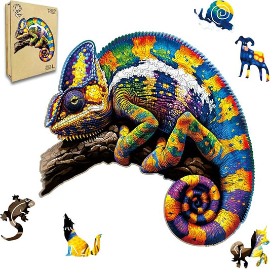 Wooden Puzzles,Chameleon Jigsaw Puzzles,300 Pieces Colorful Animal Puzzle,Birthday Gift Family Game 14.9 x 14.9 Inch,Unique Shaped Wooden Puzzle for Adults