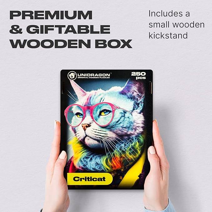 UNIDRAGON Original Wooden Jigsaw Puzzles - Pop Art Glow Up Collection - Criticat - Cat Puzzle 250 Pieces, Beautiful Gift Package, Wooden Puzzle for Adults