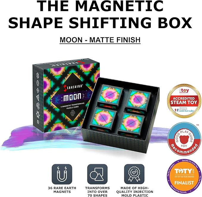 SHASHIBO Shape Shifting Box - Award-Winning, Patented Fidget Cube w/ 36 Rare Earth Magnets - Transforms Into Over 70 Shapes, Gift Box, Download Fun in Motion Toys Mobile App (Moon, 4 Pack)