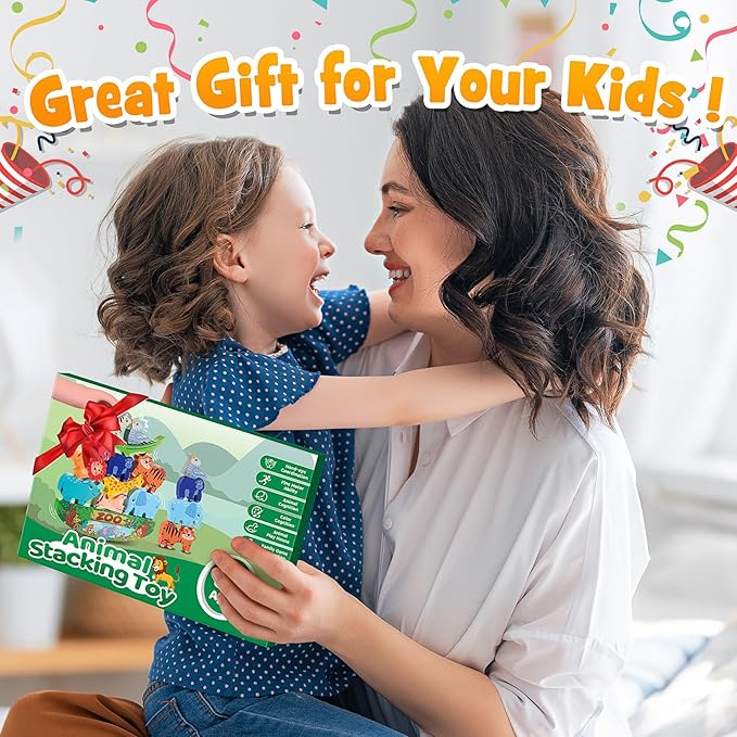 Wooden Animal Blocks Stacking Toy Kids Christmas Birthday Gifts for Boy Girl Age 3-7 Animals Montessori Toddler Toys 3 4 5 6 7 8 Year Old Boys Girls Educational Toys Fine Motor Balance Game