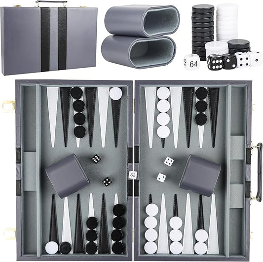 Froggod 15 inch Backgammon Sets for Adults - Classic Board Game for Adults - Portable Travel Backgammon Set for 2 Players - Perfect Adult Board Games for Gifts & Family Fun(Gray)