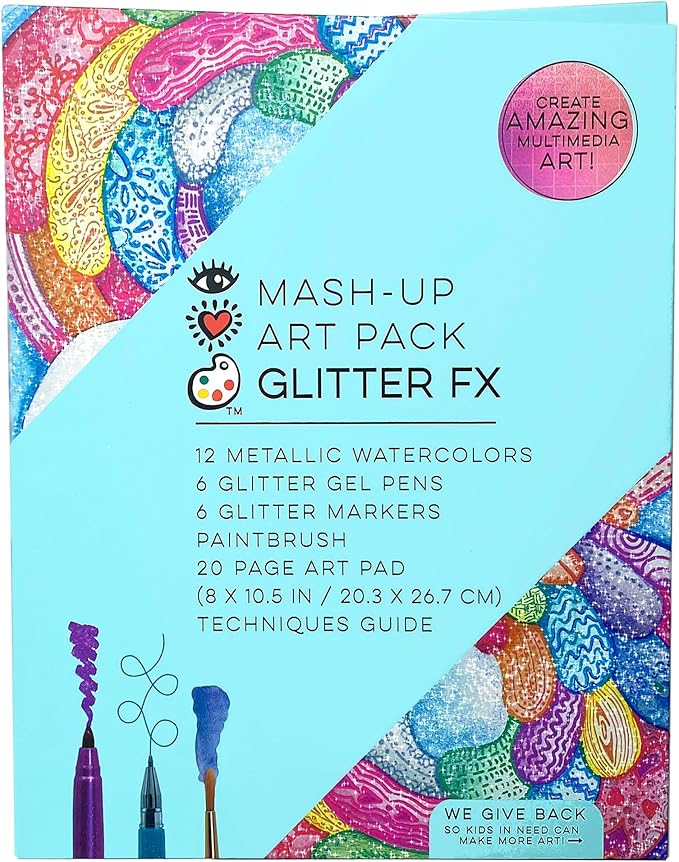 Bright Stripes iHeartArt Travel Art Set for Kids Ages 8+ | Drawing & Painting Kit with Metallic Watercolors, Glitter Gel Pens, Markers, Brush & 20-Page Art Pad | Creative Gift for Young Artists