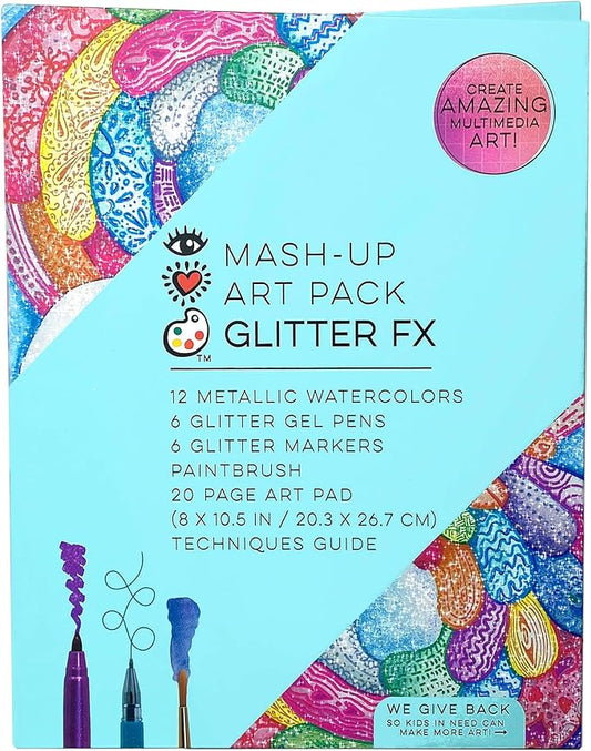 Bright Stripes iHeartArt Travel Art Set for Kids Ages 8+ | Drawing & Painting Kit with Metallic Watercolors, Glitter Gel Pens, Markers, Brush & 20-Page Art Pad | Creative Gift for Young Artists