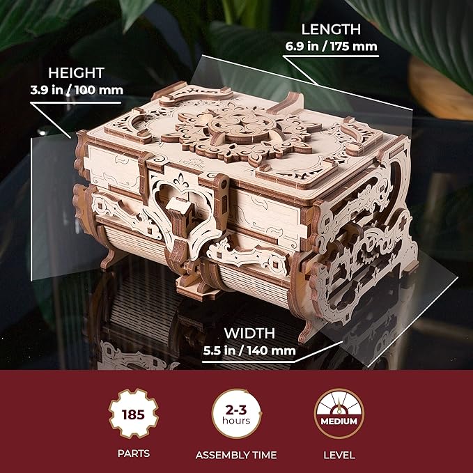 UGEARS 3D Wooden Puzzles Box - 3D Puzzle Antique Wooden Box Wooden Model Kits for Adults - Laser-Cut Mechanical Model Construction Kit