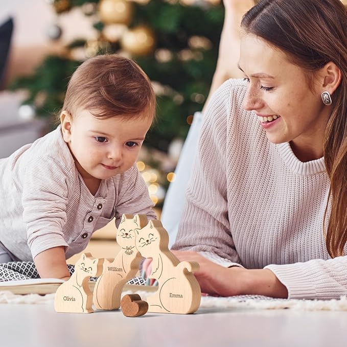 Wooden Mommy Cat Family Puzzle, Personalized Puzzles with 2-5 Names, Mothers Day Birthday Personalized Gifts for Mom Dad Grandma Kids Boys Girls Toddler, Christmas Thanksgiving Decor