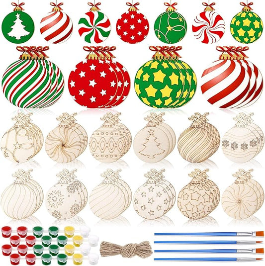 60 Pcs Wood Christmas Crafts for Kids DIY Paint Xmas Ornaments Blank Unfinished Wooden Cutouts Shapes Slices Hanging Embellishment for Christmas Tree Holiday Party Decor(Ball)