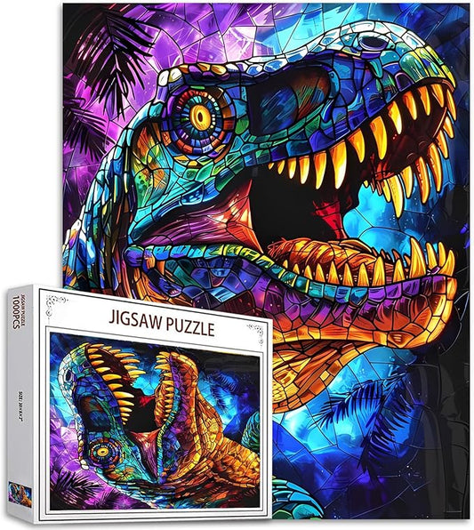 Glass Dinosaur Jigsaw Puzzle，T-Rex 1000 Pieces Jigsaw Puzzles for Adults，27 x 20 Inches Puzzles for Families，HD Quality Stained Glass Dinosaur Photo Puzzle Gift，Family Activity Perfect for Game Nights