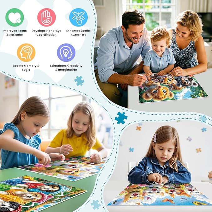 3-Pack 100 Piece Puzzles for Kids,Cute Dogs Cats Tigers Animals Puzzle for Kids Age 4-6 6-8 8-10,Unique Large Piece Jigsaw Puzzle,Recycled Paper,Bright & Colorful Educational Puzzle,Boys Girls Gift