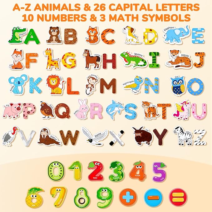 JoyCat Wooden Kids Magnets – 26 Cute Animals, Alphabet Uppercase Letters, and 0-9 Numbers, Fridge Magnets for Toddlers, Fun Educational Spelling Learning Gift for Toddlers & Kids