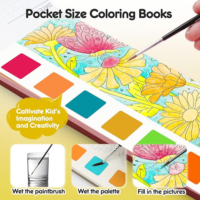 Watercolor Painting Coloring Books Pocket Watercolor Paint Bookmarks, Mess Free Paint with Water Set, Class Travel Activities Art Supplies Party Favors Exchange Birthday Gifts for Kids