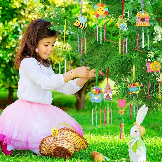 30 Pack Wind Chime Making Kit for Kids, Make Your Own Spring Tulip bee Wind Chime Wooden Ornaments for Girls and Boys DIY Crafts Activity Birthday Party Decoration
