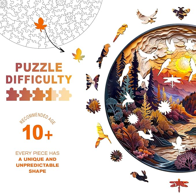 Wooden Puzzles for Adults - Unique Animal Shaped Sunset Forest Puzzle, 3D Vision Wooden Jigsaw Puzzle, Christmas Birthday Gifts for Friends/Family, Home Decor 11.4 * 11.4in 200pcs
