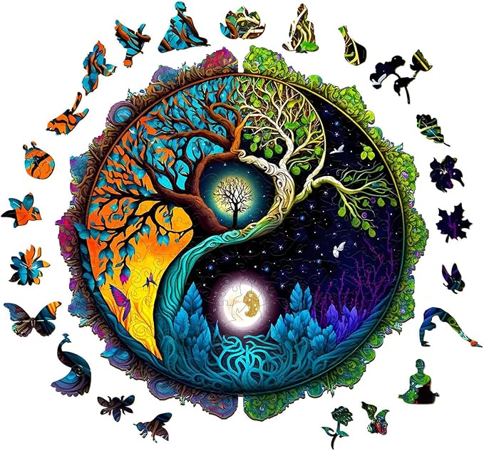 Wooden Puzzles for Adults - 100 Pieces Yinyang Tree of Life Wooden Puzzle - Unique Animal Shape Wood Cut Puzzles - Eco-Friendly Home Office Decor (S-7.9 * 7.9in)