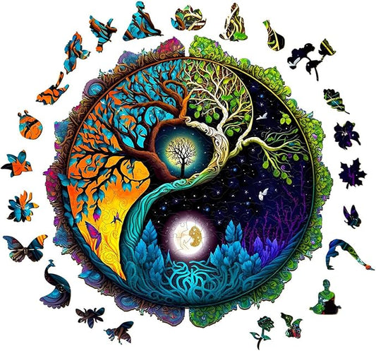 Wooden Puzzles for Adults - 100 Pieces Yinyang Tree of Life Wooden Puzzle - Unique Animal Shape Wood Cut Puzzles - Eco-Friendly Home Office Decor (S-7.9 * 7.9in)