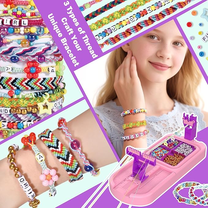 Arts and Crafts for Kids Ages 8-12,Friendship Bracelet Making Kit for Girl,DIY Arts and Crafts Maker for Kids,Jewelry Making Kit Christmas Gifts for Ages 6 7 8 9 10 11 12 Year Old (Pink/Purple)