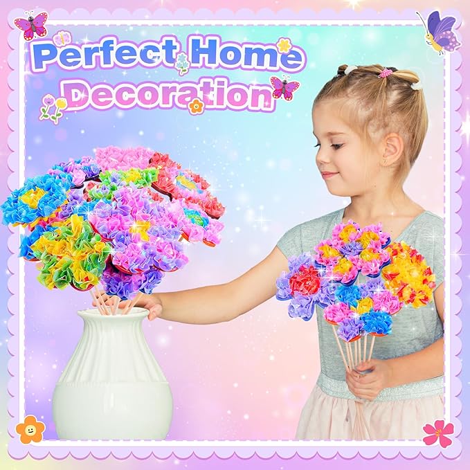 MDINGTD Toys for 4 5 6 7 8+ Year Old Girls, Poke Art Flower Bouquet with 8 Flowers & 2 Butterflies Arts and Crafts for Girls Ages 4-12 DIY Creative Activity Birthday Xmas Gifts Craft Kits