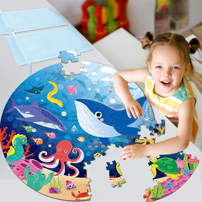 Puzzles for Kids Ages 4-8, 71 Piece Jumbo Large Underwater Ocean Floor Puzzle Sea Animals Shark Round Puzzles for Toddler Children 3-5 Educational Learning Toys for Boys Girls Birthday