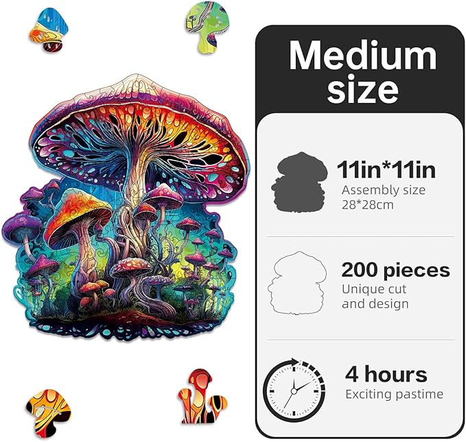 Wooden Jigsaw Puzzle for Adults,Magical Mushrooms Wood Puzzles 200 Piece,Thanksgiving Birthday Gifts Family Game,Unique Shape Puzzle Challenge 11 x 11 Inch