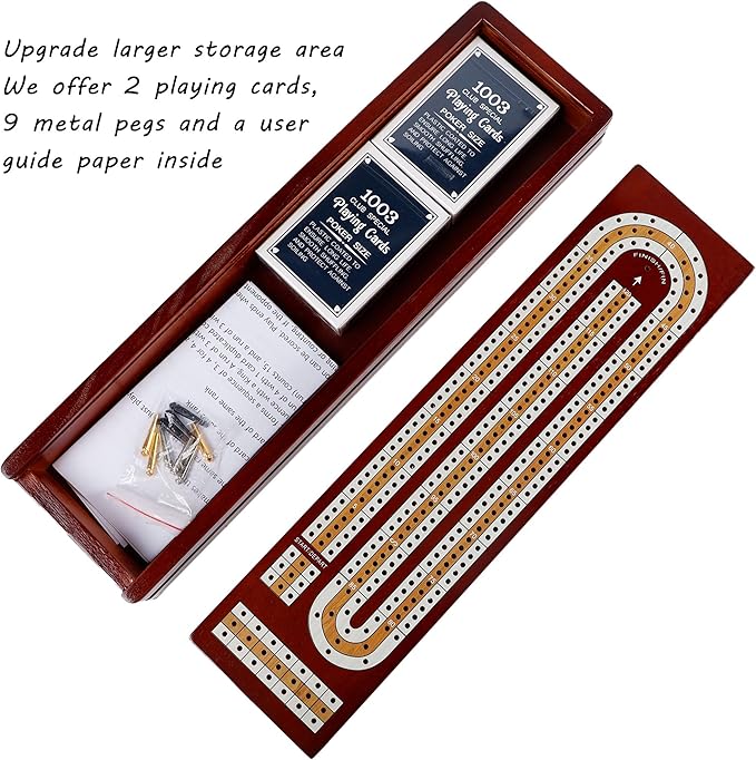Juegoal Upgrade Wood Cribbage Board Game Set, Solid Wooden Continuous 3 Track Board with Larger Storage Area, 9 Metal Pegs and 2 Decks of Playing Cards, Travel Portable Cribbage Game Sets