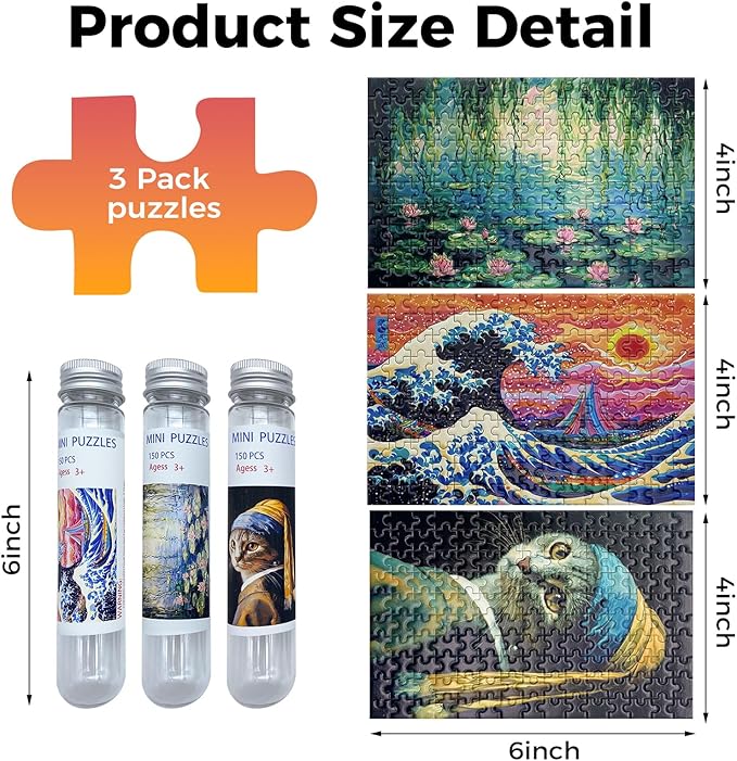 150 Pieces Mini Jigsaw Puzzles for Adults & Kids,6 x 4 Inches,Mini Puzzles,Travel Puzzle,Small Micro Puzzles,Challenging Difficult Puzzle,3 Pack Famous Paintings Series