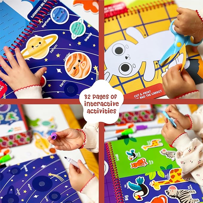 BusyDino - Busy Book for Toddlers 3-5 - Toddler Activity Book with Cutting Activities - Montessori Toys for 3 Year Old - Includes Child-Safe Scissors and Wipe-Clean Markers