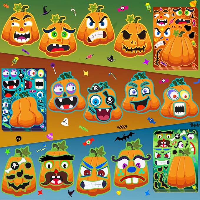 Natonhi 64 Sheets Halloween Crafts Pumpkin Make a Face Stickers for Friend, 16 Designs Halloween Party Favors Pumpkin Face Stickers Fall Games Activities Supplies