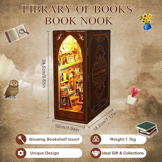 CRIOLPO Book Nook Kit - DIY Doll House Booknook, Book Nook Miniature Kit for Bookshelf Doll Houses for Adults Teen Halloween, 3D Wooden Puzzle Bookends with Sensor Led Light