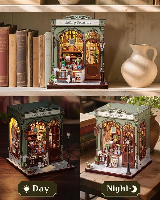 CUTEBEE DIY Book Nook Kit, Miniature House Kits for Adult and Teens, DIY Miniature Book Nook kit with Sensor Led Light, Gifts for Lovers and Family (Gallery Bookstore)