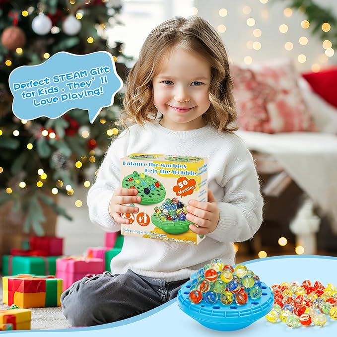 Marble Balance Game - 50 Colorful Marbles with Built-in Storage, Fun Family Challenge for 1-4 Players, Educational Toy for Kids & Adults, Perfect for Parties, Travel & Birthday Gifts (Blue)