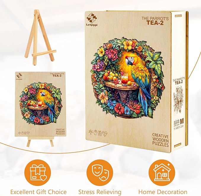 Wooden Puzzles for Adults, Wooden Jigsaw Puzzles for Adults Kids, The Parrot's Tea-2 Unique Shaped Wood Puzzles Adult, Creative Birthday Gifts for Friends Family Game (11.4 * 11.3in 200pcs)