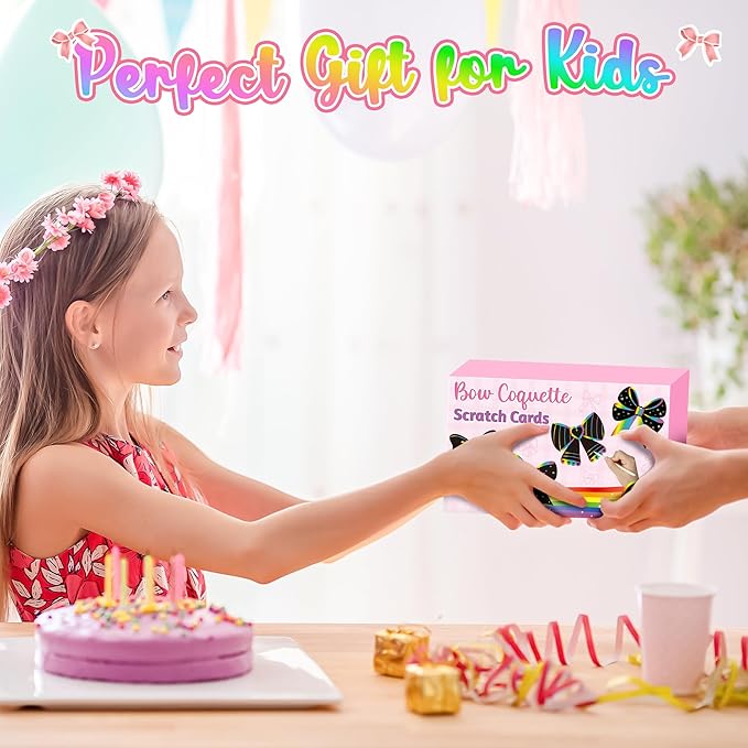 CY2SIDE Coquette Bow Scratch Cards - 60PCS DIY Bow Scratch Paper Craft for Kid, Funny Girl Coquette Knot Color Scrape Art Card, Magic Arty Rainbow Color Craft Ornament for School Classroom Art Project