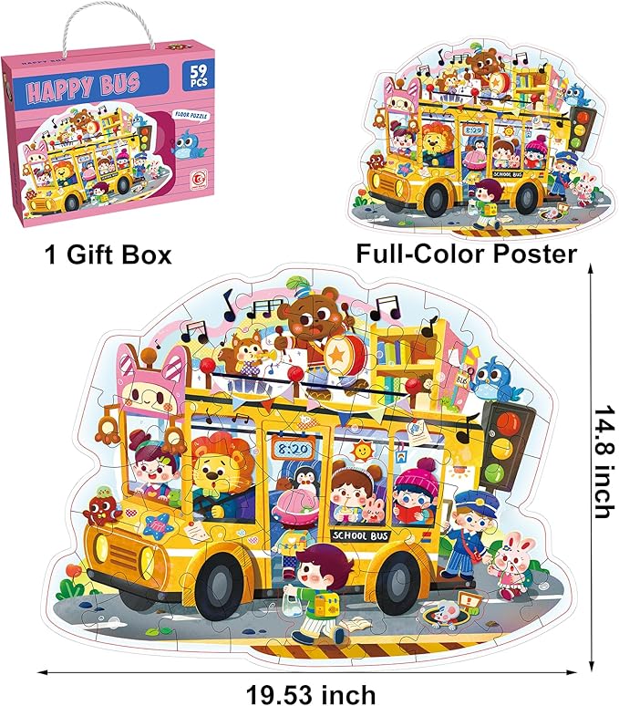 59 Piece School Bus Jigsaw Puzzle for Kids 3+,Perfect for Toddlers, Preschoolers, and Children’s Educational Play | Ideal Gift for Boys and Girls