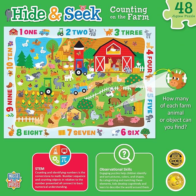 MasterPieces Nature Puzzle - Hide & Seek 48 Piece Jigsaw Puzzle for Kids - Counting on the Farm - 19"x14"