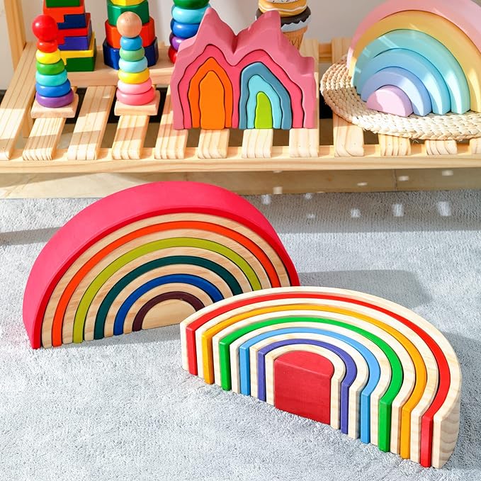 Wooden Rainbow Stacking Toy, 12 Pcs Wood Building Blocks Set, Waldorf Toys for Toddlers, Matching Educational Learning Toy