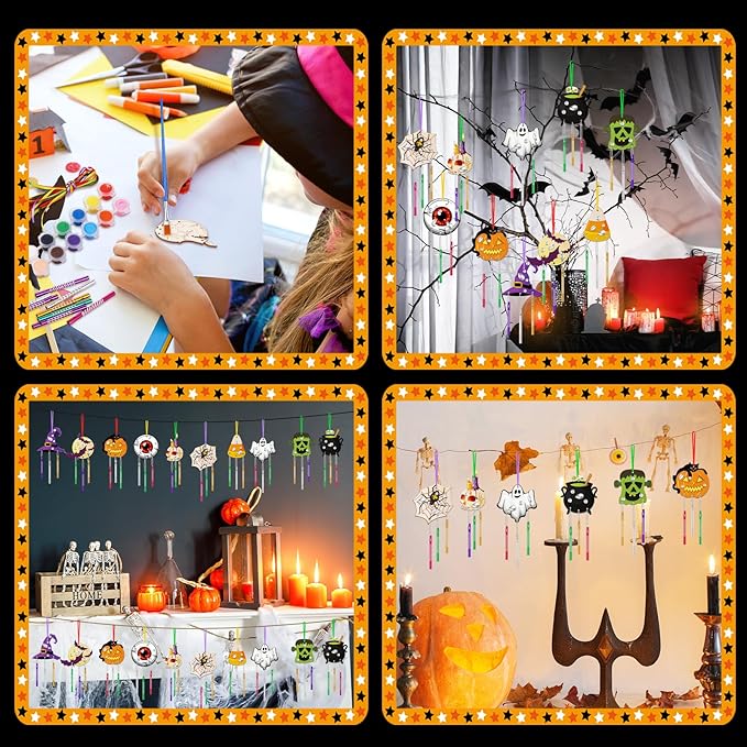 30 Pack Halloween Wind Chime Making Kit for Kids Make Your Own Halloween Wind Chime Ghost Pumpkin Bats DIY Crafts Wooden Ornaments for Activity Birthday Decoration