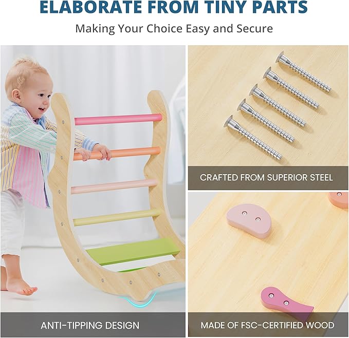 BlueWood Pikler Triangle Set, Toddler Wooden Climbing Toys Indoor 7in1 Foldable Climber for Kids, Montessori Philosophy Play Jungle Gym with Arch, Ramp, Ladder (Colorful Spring)