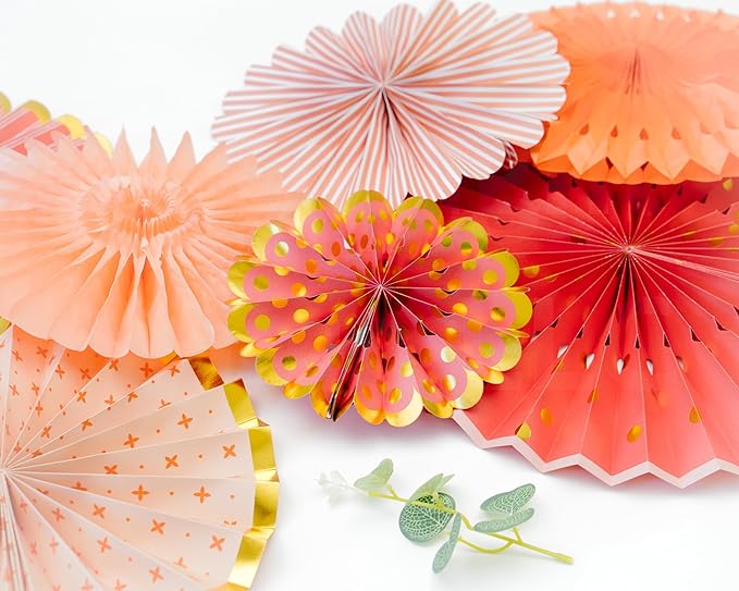 PapaKit Origami Wall Decoration Set (8 Assorted Round Paper Fans) Birthday Party Baby Shower Wedding Events Decor | Creative Art Design Pattern (Bright Orange Bloom with Metallic Gold Accent)