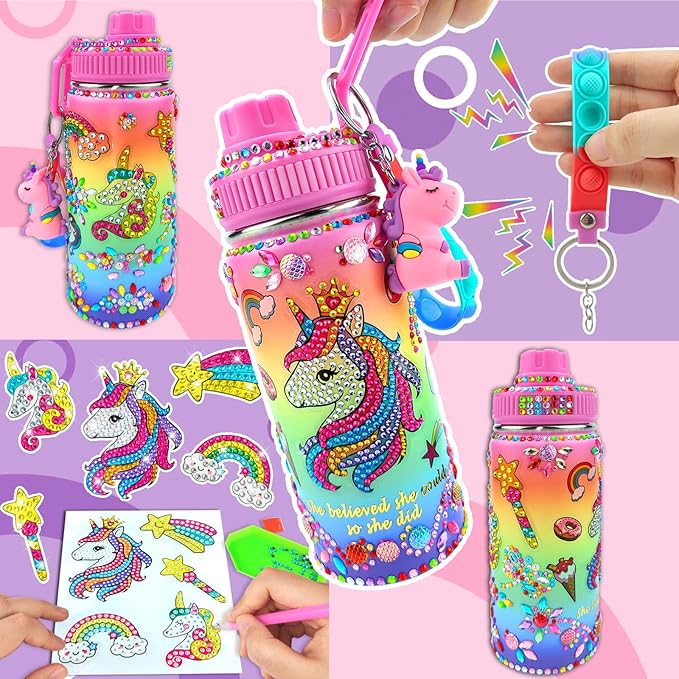 7july Decorate Your Own Water Bottle Kits for Girls Age 4-6-8-10 (Stainless Steel),Unicorn Themed Painting Crafts,Fun Arts and Crafts Gifts Toys for Girls Birthday Christmas