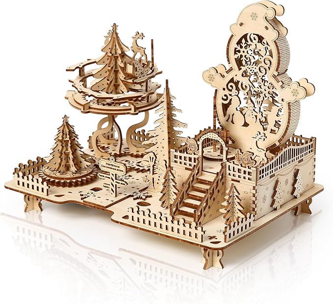 3D Wooden Puzzle for Adults, DIY Christmas Amusement Park Model, Creative Assembly Model Building for Adults, DIY Assembly Puzzle, Woodcraft Kit for Christmas Day