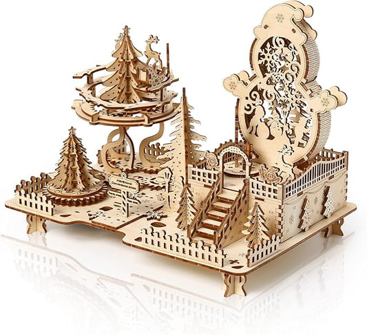 3D Wooden Puzzle for Adults, DIY Christmas Amusement Park Model, Creative Assembly Model Building for Adults, DIY Assembly Puzzle, Woodcraft Kit for Christmas Day